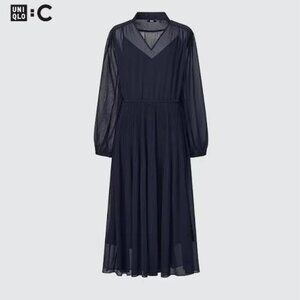 NWT Uniqlo C Chiffon Pleated Dress in Navy